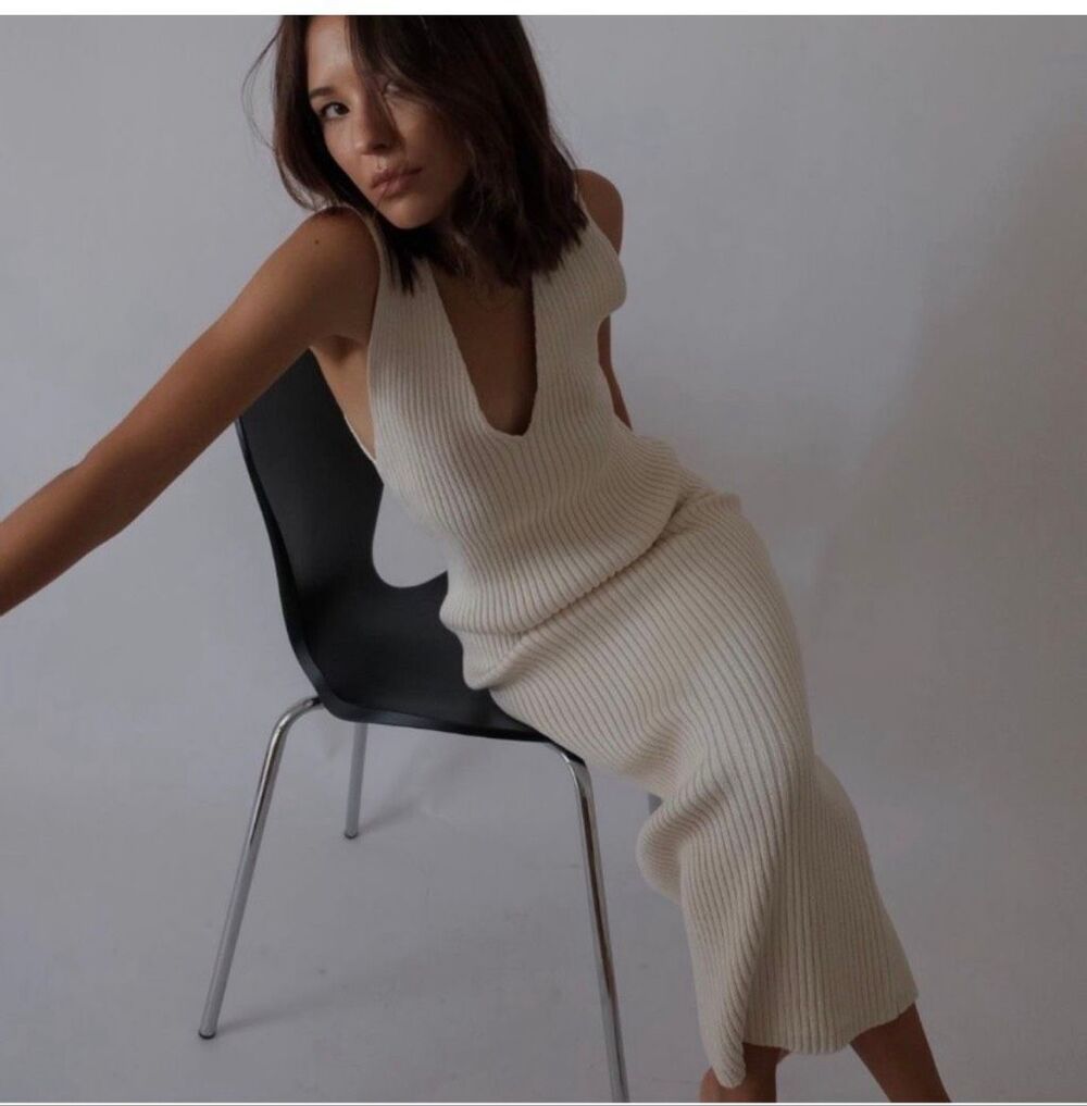 TROIS THE LABEL Agnes Rib Knit Cotton Midi Sweater Dress Size Small